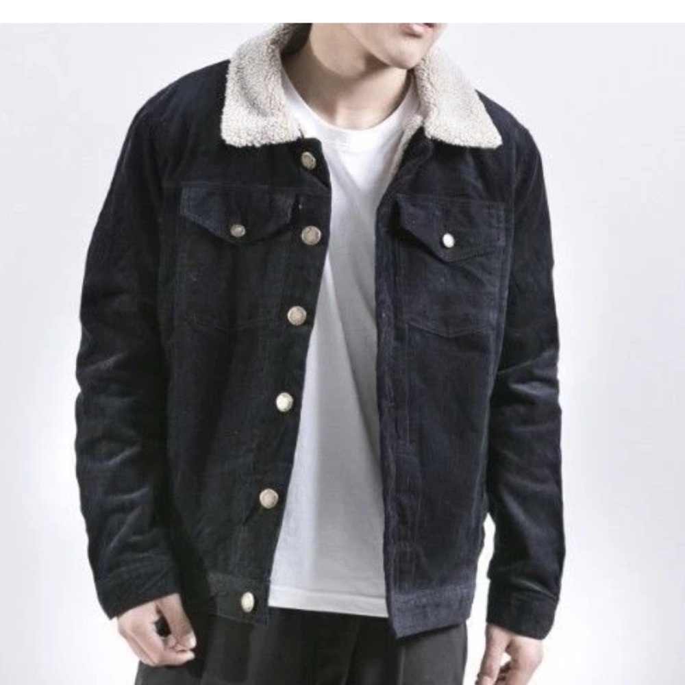 Hard Edge Men's Black Corduroy Jacket with Sherpa Collar Size Small